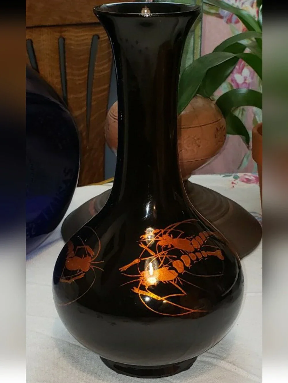 Vintage MCM Black Laquerware Vase With Metallic Copper Shrimp Design